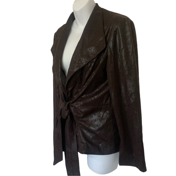 Joseph Ribkoff Wrap Jacket Women Tie Front Chocolate Brown Metallic Faux Suede - Picture 4 of 11